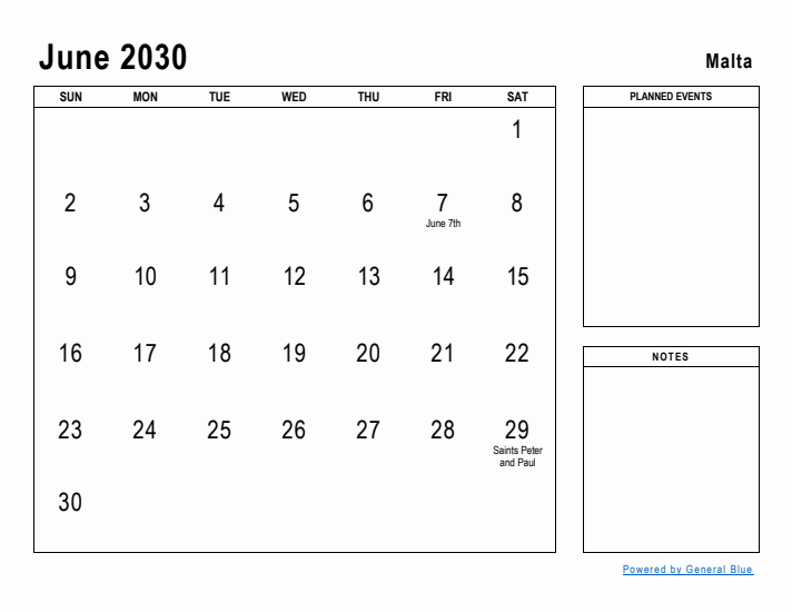 June 2030 Printable Monthly Calendar with Malta Holidays