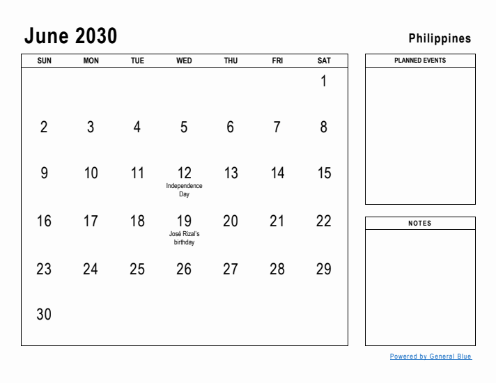 June 2030 Printable Monthly Calendar with Philippines Holidays