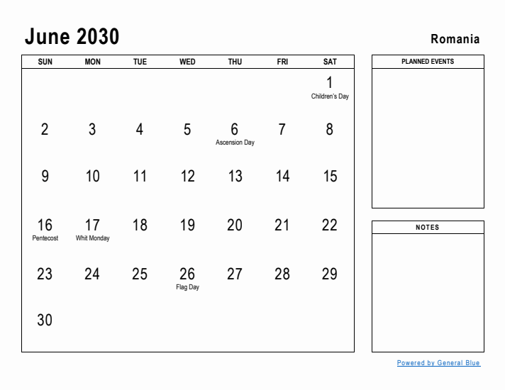 June 2030 Printable Monthly Calendar with Romania Holidays