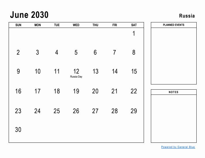 June 2030 Printable Monthly Calendar with Russia Holidays