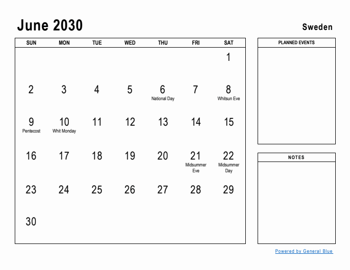 June 2030 Printable Monthly Calendar with Sweden Holidays