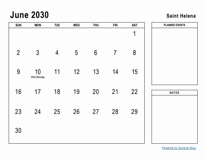 June 2030 Printable Monthly Calendar with Saint Helena Holidays