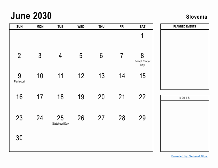 June 2030 Printable Monthly Calendar with Slovenia Holidays