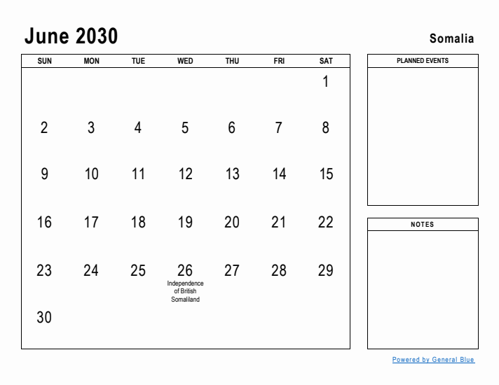 June 2030 Printable Monthly Calendar with Somalia Holidays