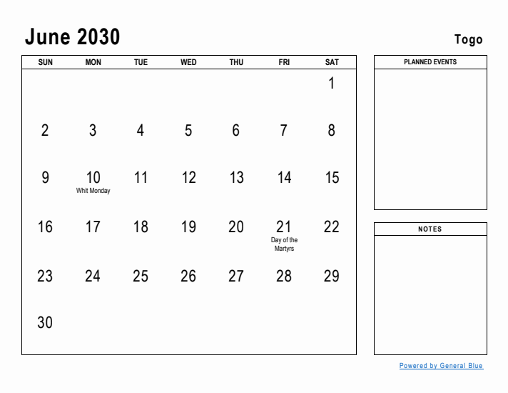 June 2030 Printable Monthly Calendar with Togo Holidays