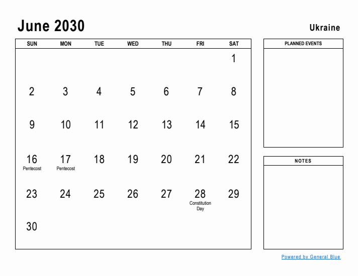 June 2030 Printable Monthly Calendar with Ukraine Holidays