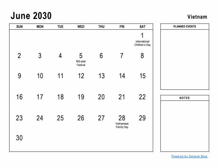 June 2030 Printable Monthly Calendar with Vietnam Holidays