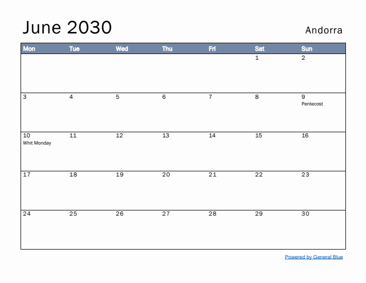 June 2030 Simple Monthly Calendar for Andorra