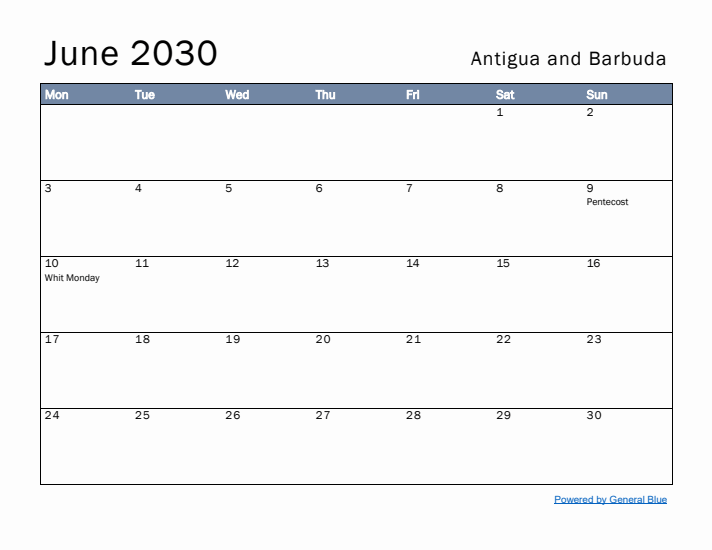 June 2030 Simple Monthly Calendar for Antigua and Barbuda