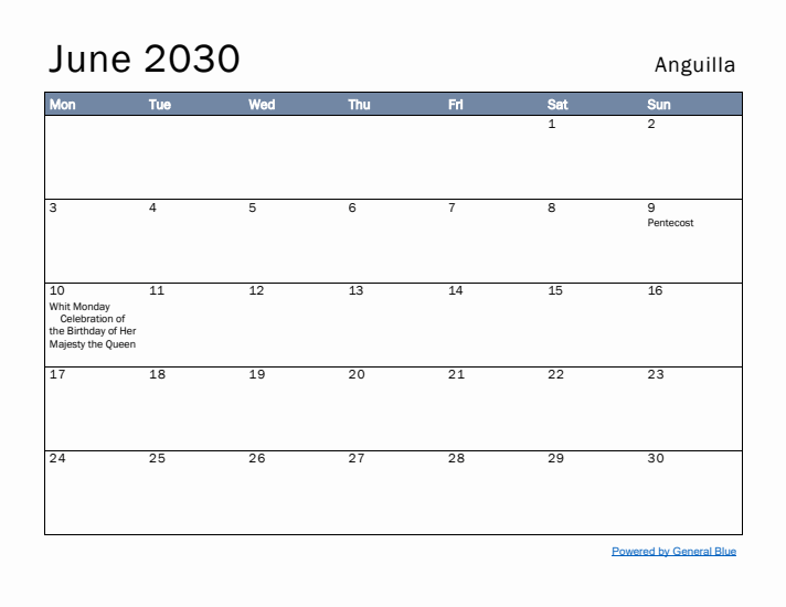 June 2030 Simple Monthly Calendar for Anguilla