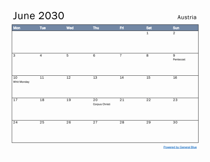 June 2030 Simple Monthly Calendar for Austria