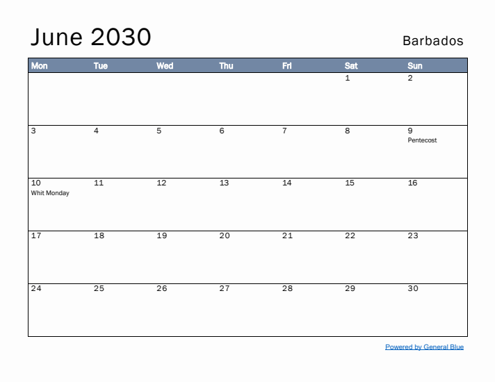 June 2030 Simple Monthly Calendar for Barbados