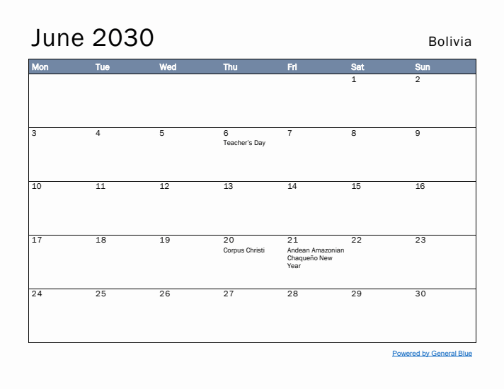 June 2030 Simple Monthly Calendar for Bolivia