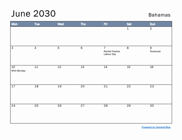 June 2030 Simple Monthly Calendar for Bahamas