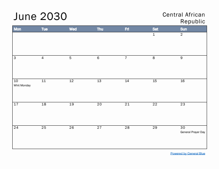 June 2030 Simple Monthly Calendar for Central African Republic