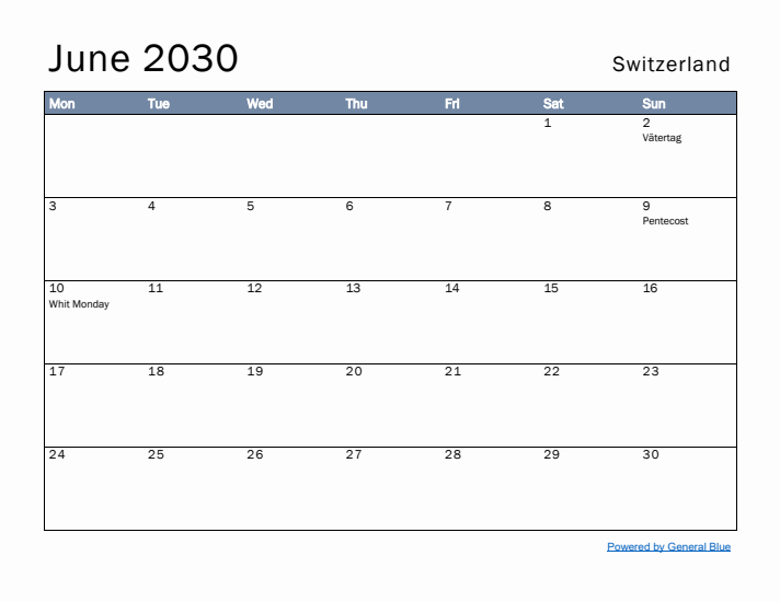 June 2030 Simple Monthly Calendar for Switzerland