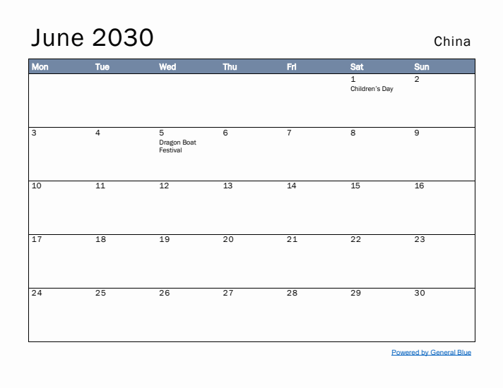 June 2030 Simple Monthly Calendar for China