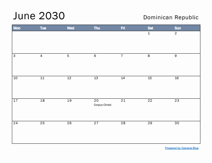 June 2030 Simple Monthly Calendar for Dominican Republic