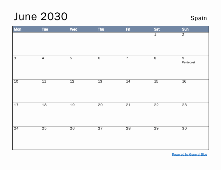 June 2030 Simple Monthly Calendar for Spain