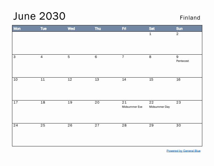 June 2030 Simple Monthly Calendar for Finland