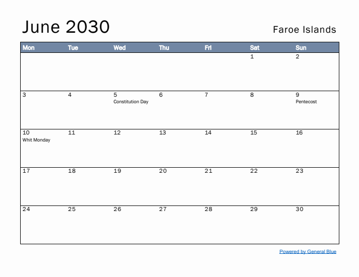 June 2030 Simple Monthly Calendar for Faroe Islands