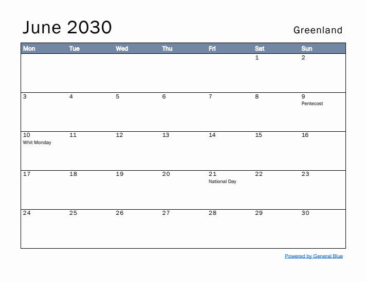 June 2030 Simple Monthly Calendar for Greenland