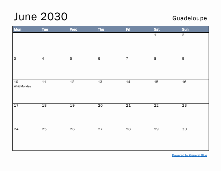 June 2030 Simple Monthly Calendar for Guadeloupe