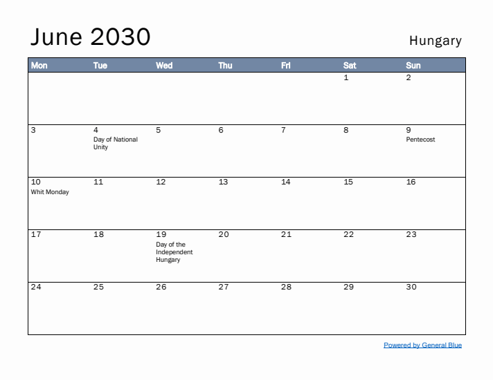 June 2030 Simple Monthly Calendar for Hungary