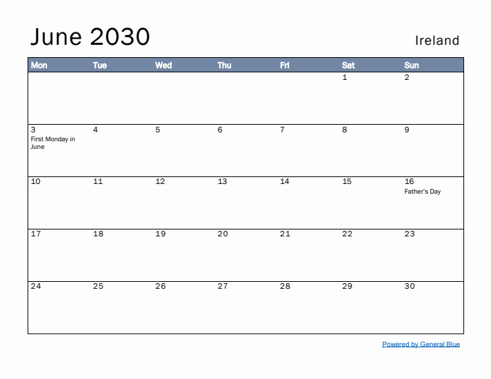 June 2030 Simple Monthly Calendar for Ireland