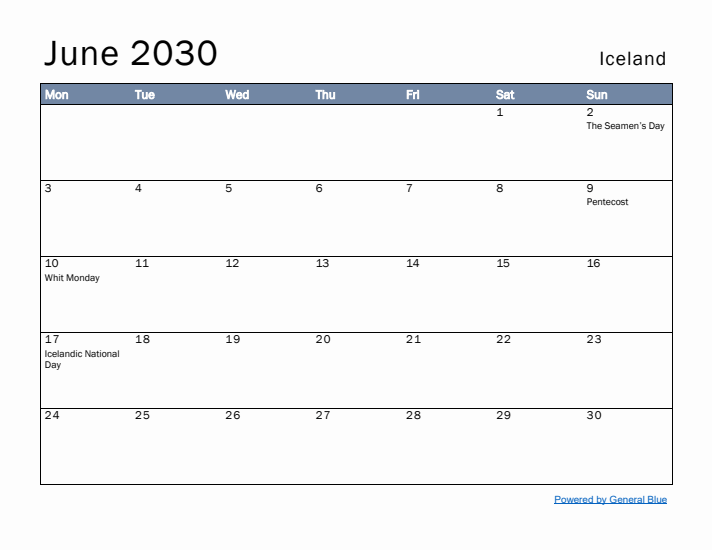 June 2030 Simple Monthly Calendar for Iceland