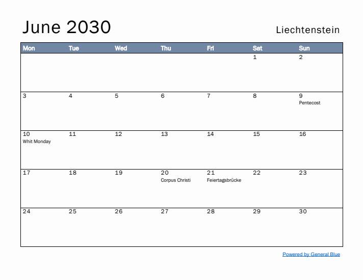 June 2030 Simple Monthly Calendar for Liechtenstein