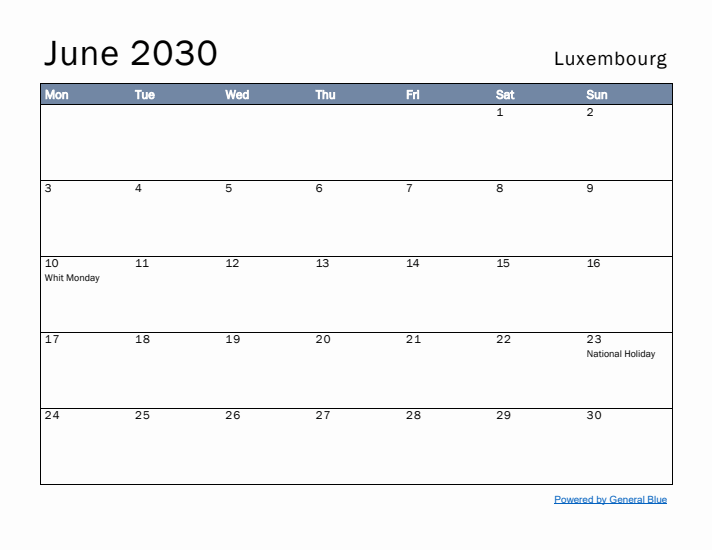 June 2030 Simple Monthly Calendar for Luxembourg