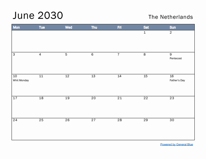 June 2030 Simple Monthly Calendar for The Netherlands