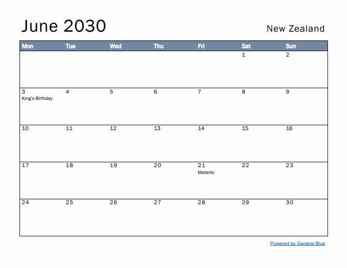 June 2030 Simple Monthly Calendar for New Zealand