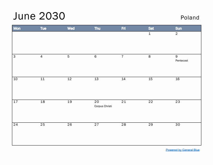 June 2030 Simple Monthly Calendar for Poland