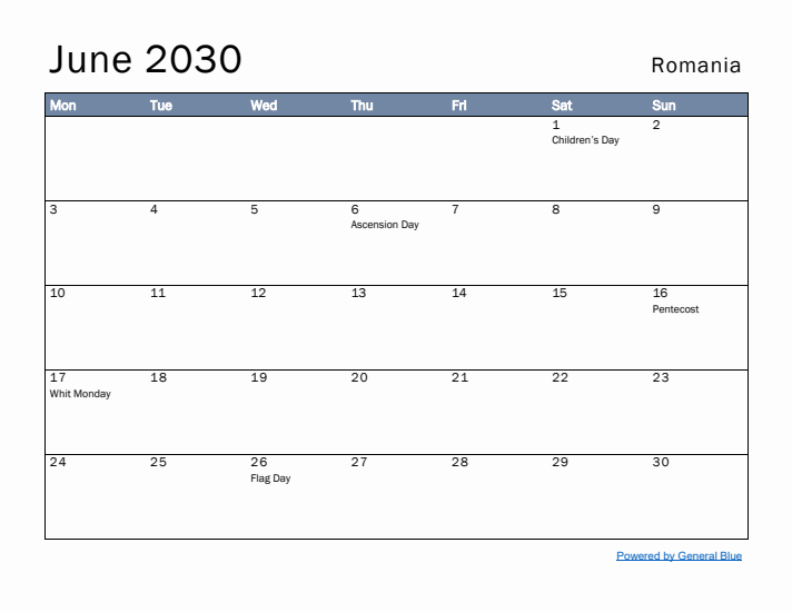 June 2030 Simple Monthly Calendar for Romania