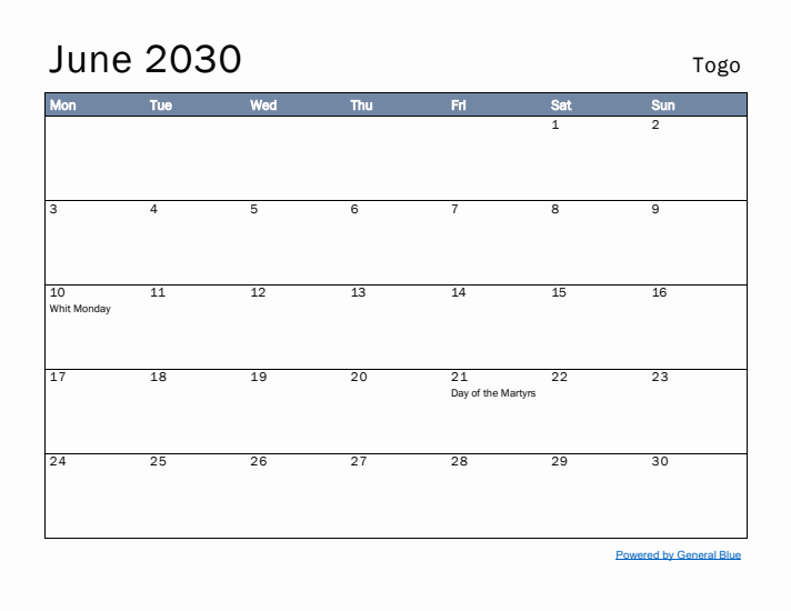 June 2030 Simple Monthly Calendar for Togo