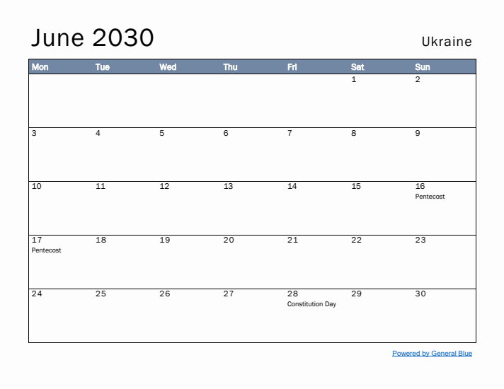 June 2030 Simple Monthly Calendar for Ukraine