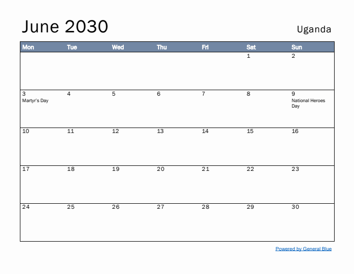 June 2030 Simple Monthly Calendar for Uganda