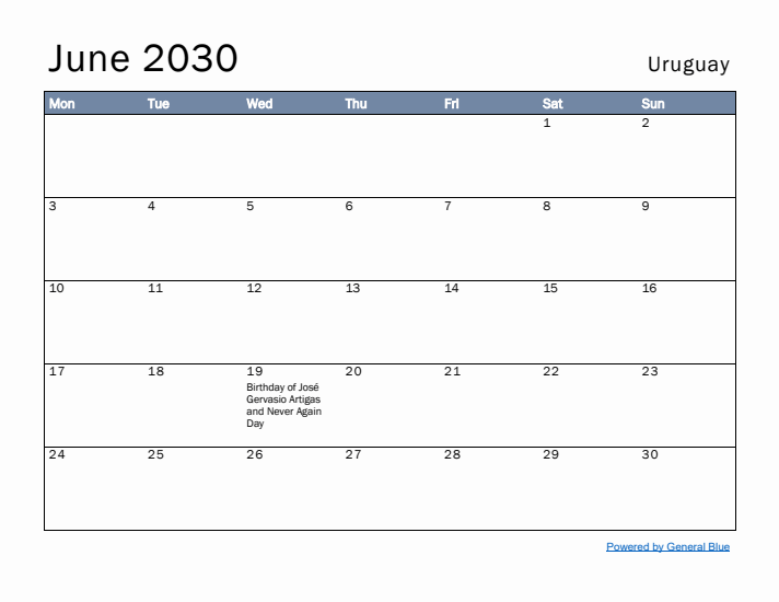 June 2030 Simple Monthly Calendar for Uruguay