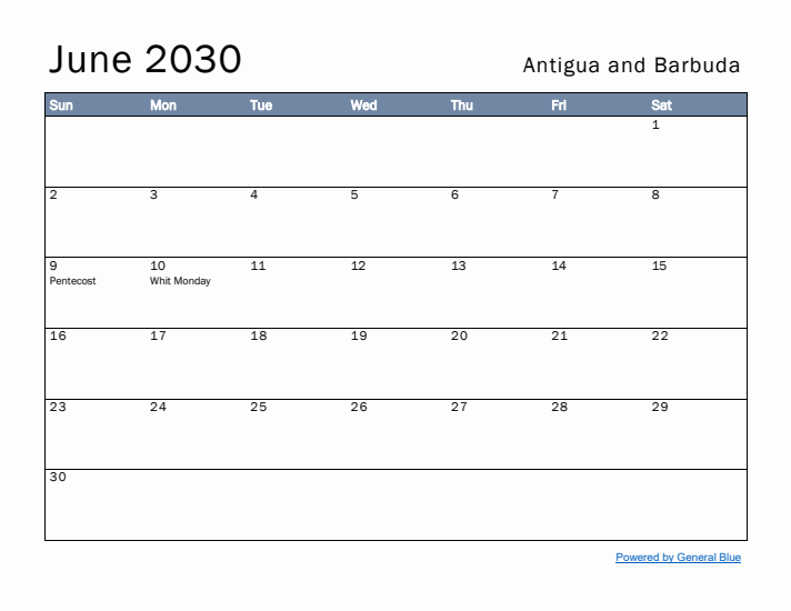 June 2030 Simple Monthly Calendar for Antigua and Barbuda