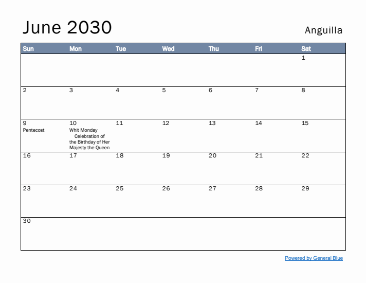 June 2030 Simple Monthly Calendar for Anguilla