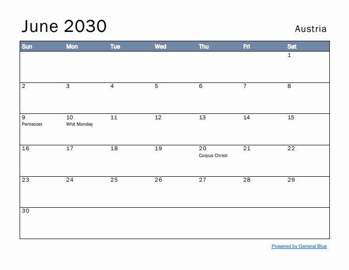 June 2030 Simple Monthly Calendar for Austria