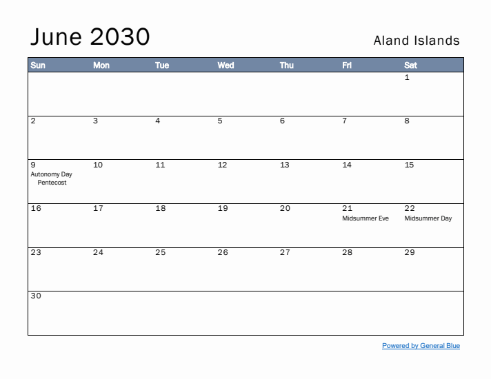 June 2030 Simple Monthly Calendar for Aland Islands