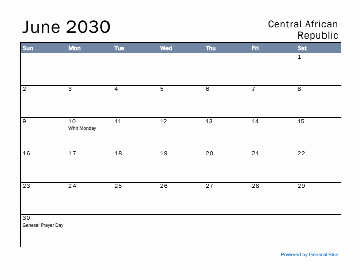 June 2030 Simple Monthly Calendar for Central African Republic