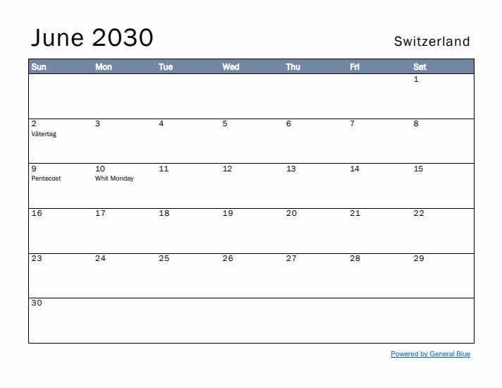 June 2030 Simple Monthly Calendar for Switzerland