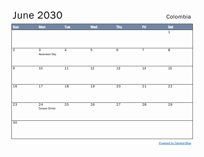 June 2030 Simple Monthly Calendar for Colombia