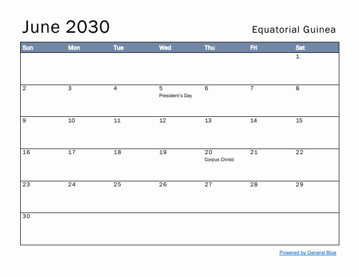 June 2030 Simple Monthly Calendar for Equatorial Guinea