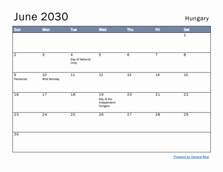 June 2030 Simple Monthly Calendar for Hungary