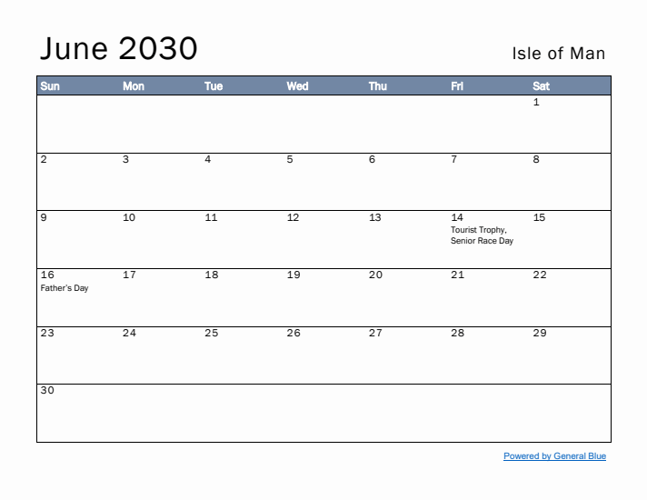 June 2030 Simple Monthly Calendar for Isle of Man